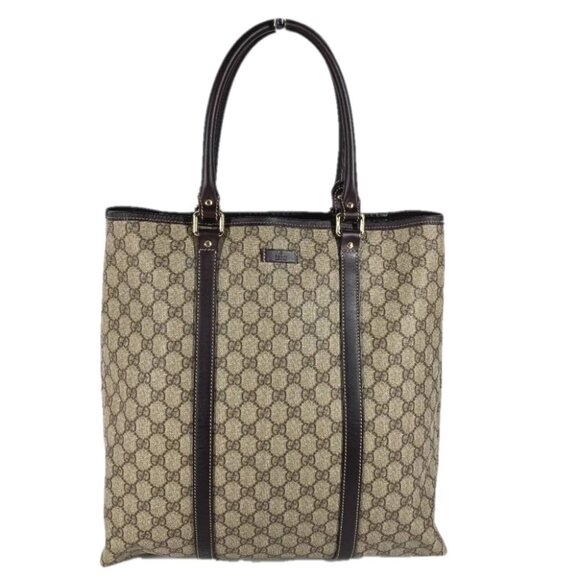 GUCCI GG Plus vertical Tote Bag Shoulder Bag PVC/Leather Beige/Dark brown